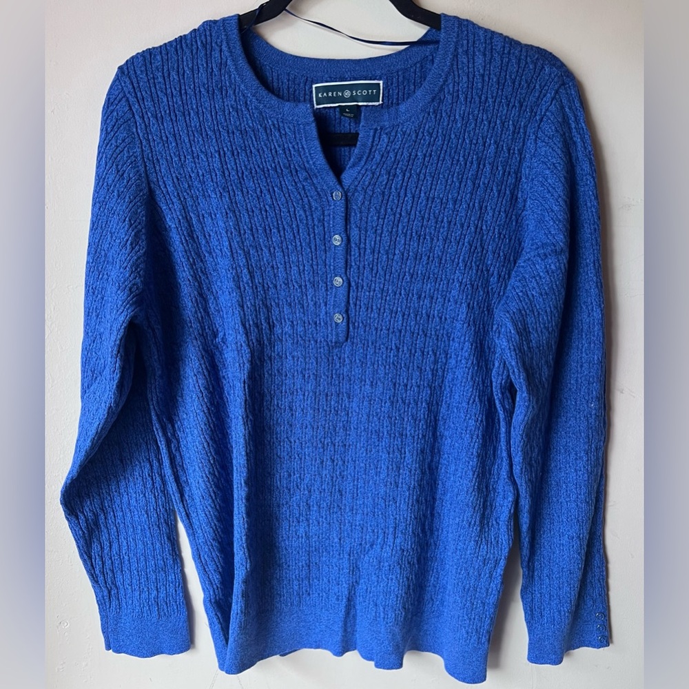💚 Karen Scott Women's Cotton Cable Knit Henley Sweater size Large